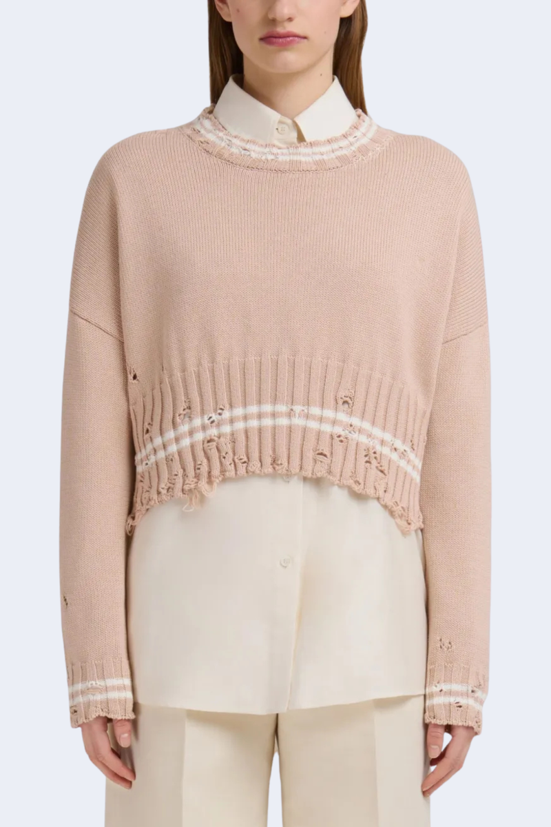 Long Sleeve Crew Neck Sweater With Ribbed Bottoms in Sand Storm