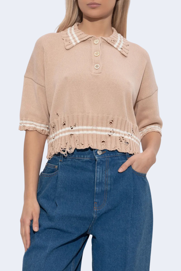 Short Sleeve Polo Shirt With Worn Ribs in Sand Storm