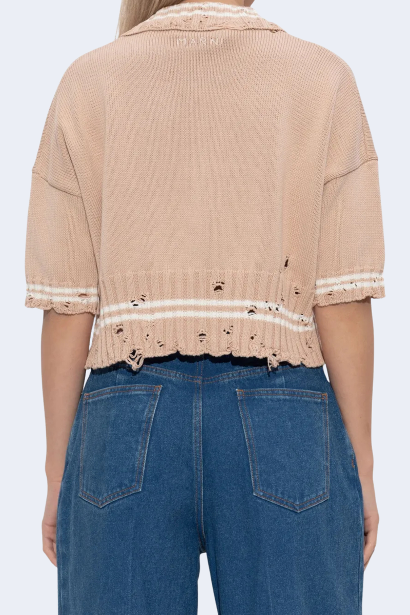 Short Sleeve Polo Shirt With Worn Ribs in Sand Storm