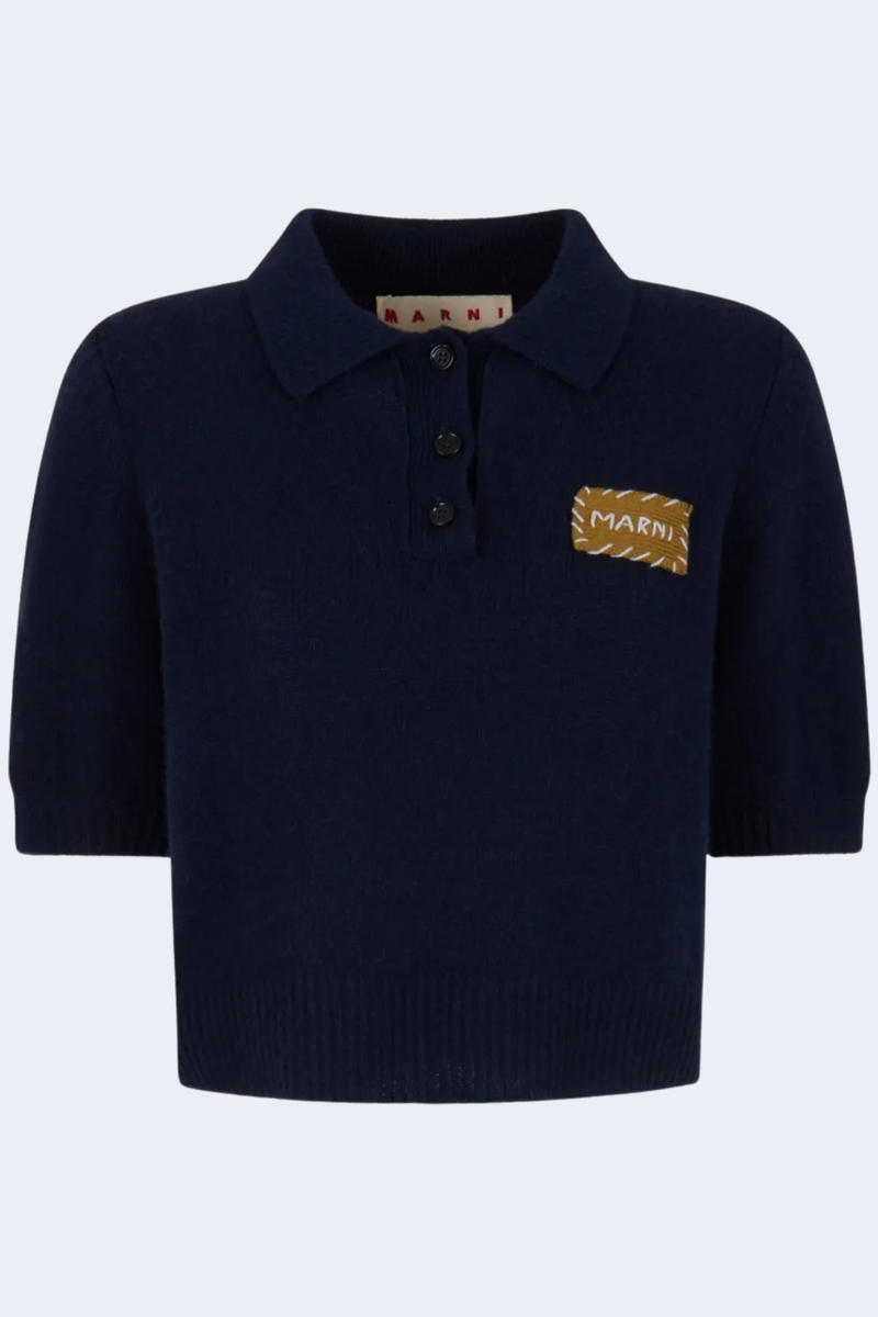 Short Sleeve Polo Sweater With Balloon Sleeves in Ink