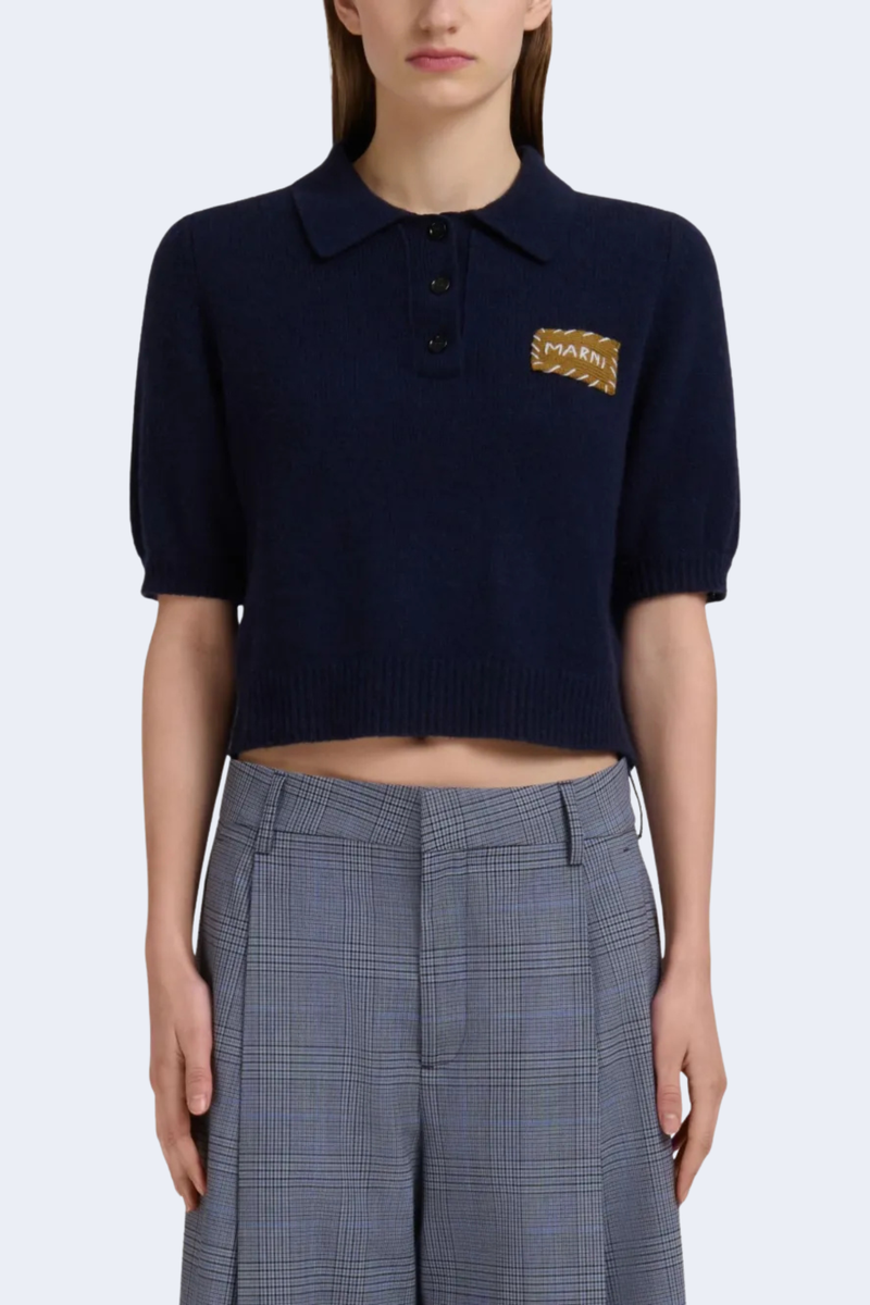 Short Sleeve Polo Sweater With Balloon Sleeves in Ink