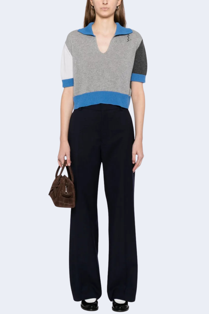 Short Sleeve V-Neck Sweater With Ribbed Bottoms in Inox