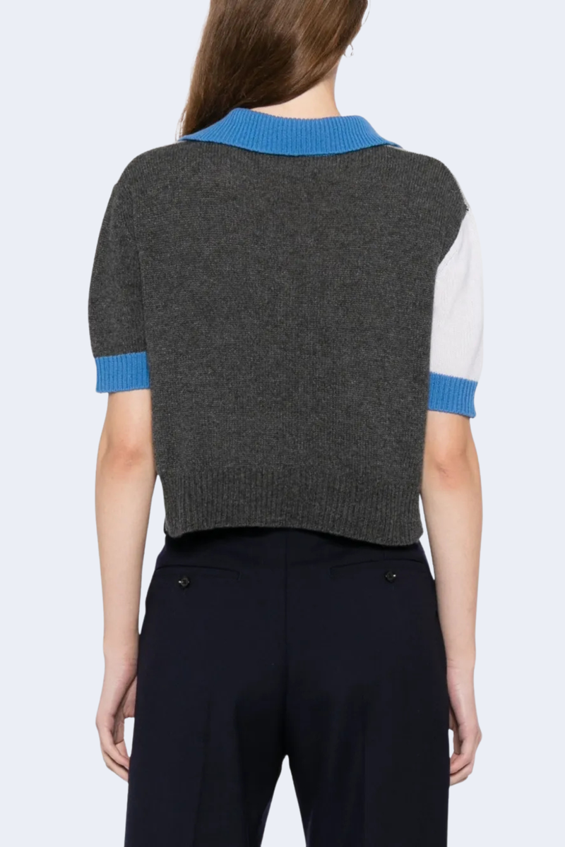Short Sleeve V-Neck Sweater With Ribbed Bottoms in Inox