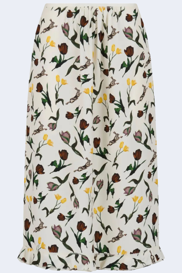 Straight Fit Mid-Length Skirt With Ruffle Hem in Limestone