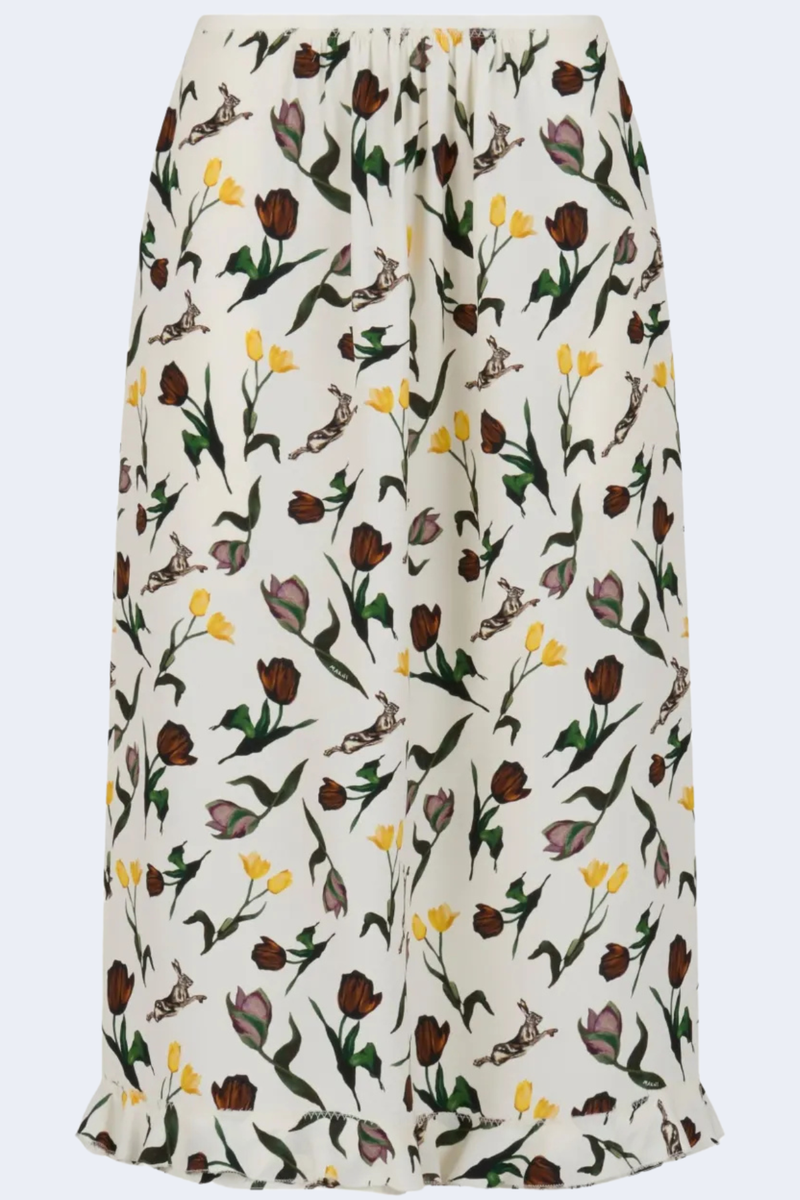 Straight Fit Mid-Length Skirt With Ruffle Hem in Limestone