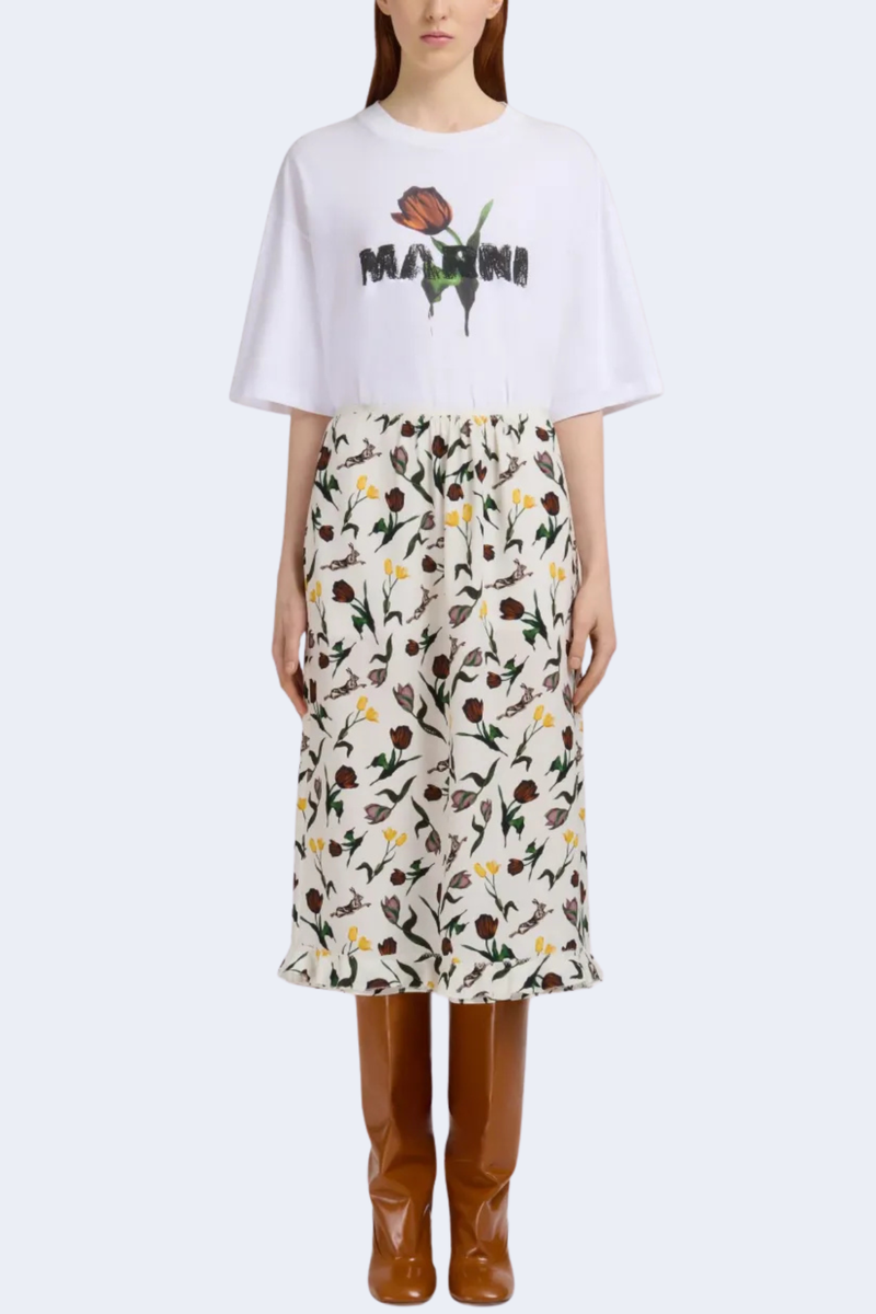 Straight Fit Mid-Length Skirt With Ruffle Hem in Limestone