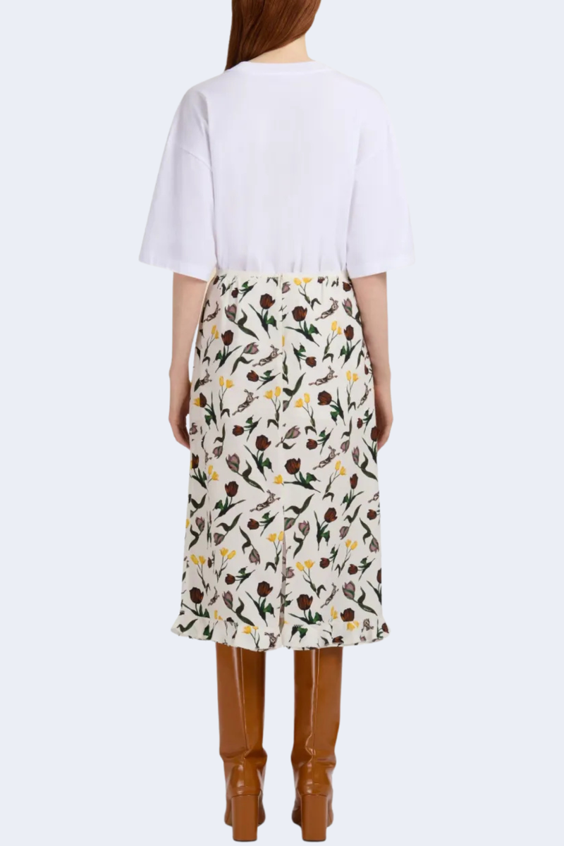 Straight Fit Mid-Length Skirt With Ruffle Hem in Limestone