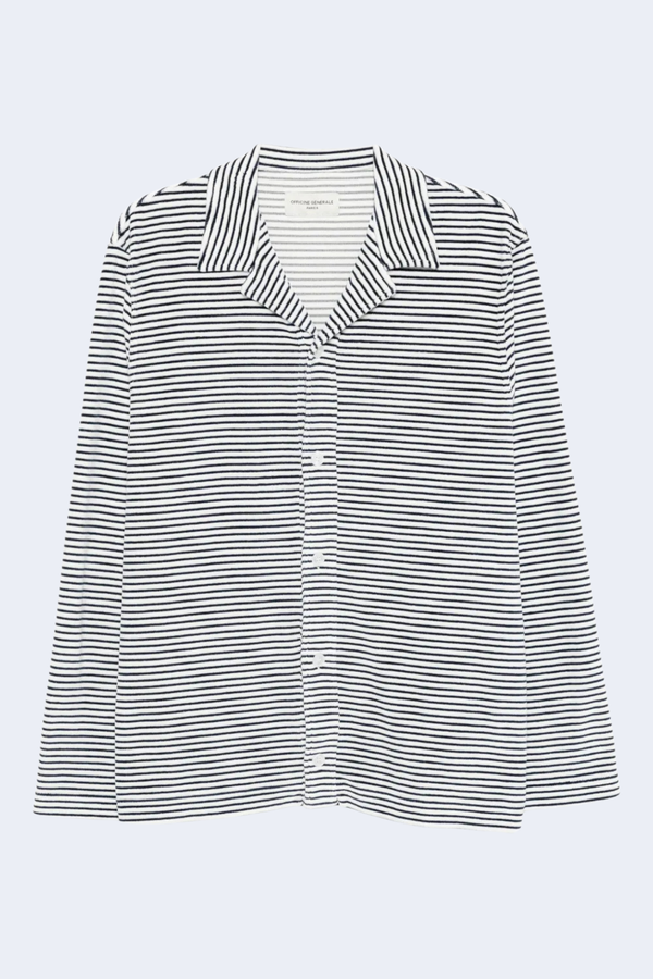 Kai Long Sleeve Stripe Cotton Terry Shirt in White/Htrblue