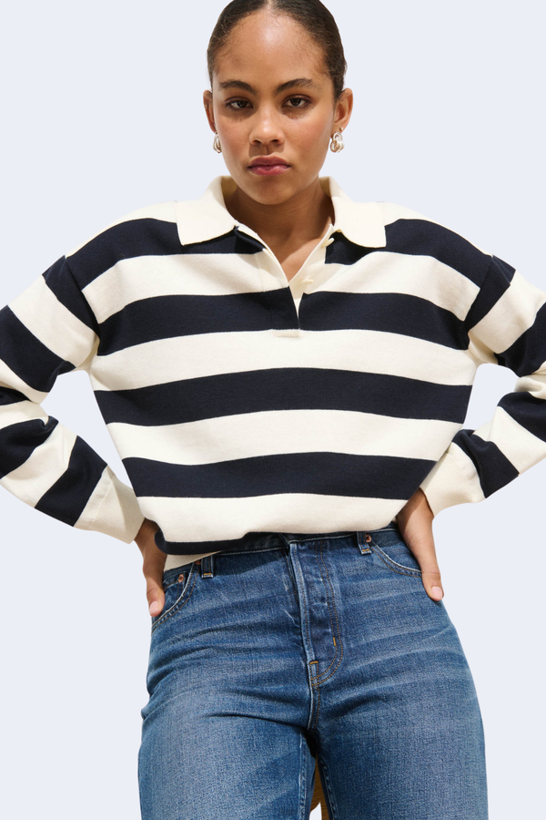 Women's Angelina Cotton Cashmere Polo Sweater in Ivory/Navy