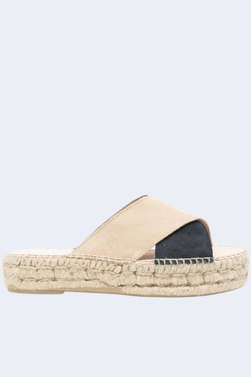 Suede Double Sole Sandals With Bands in Champagne Beige And Patriot Blue