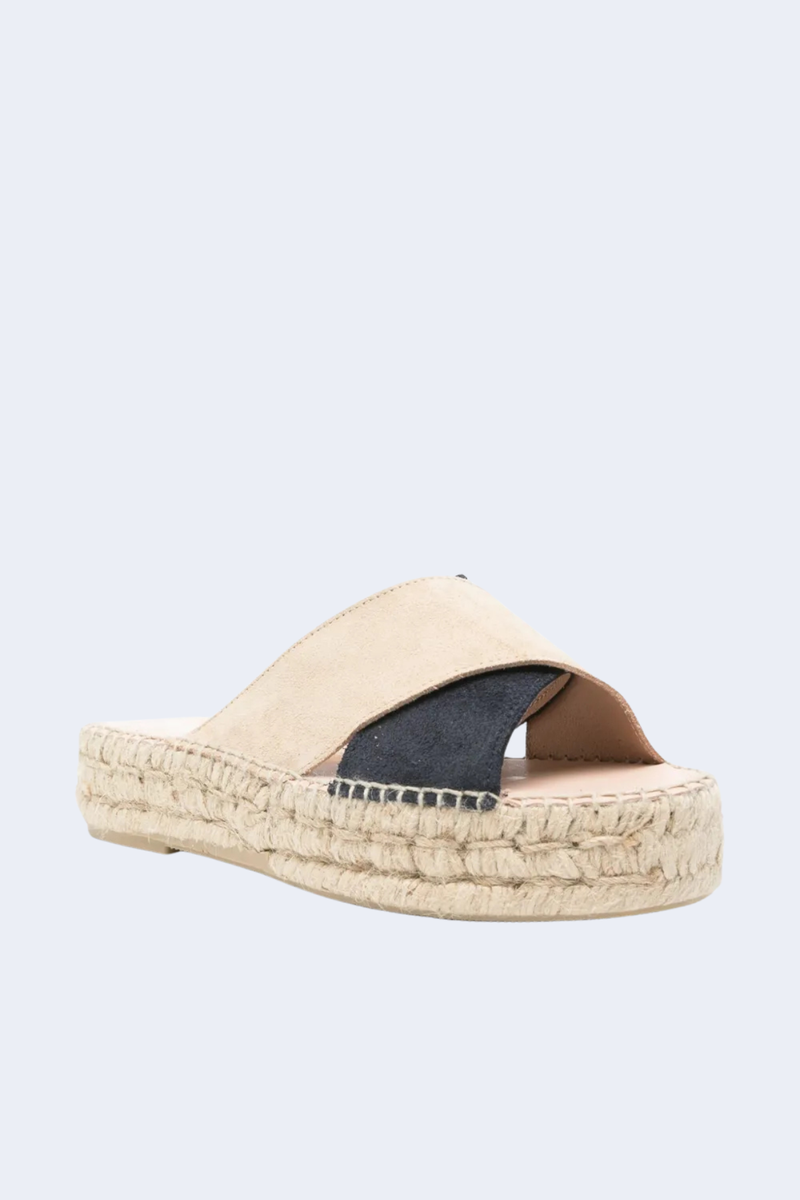 Suede Double Sole Sandals With Bands in Champagne Beige And Patriot Blue
