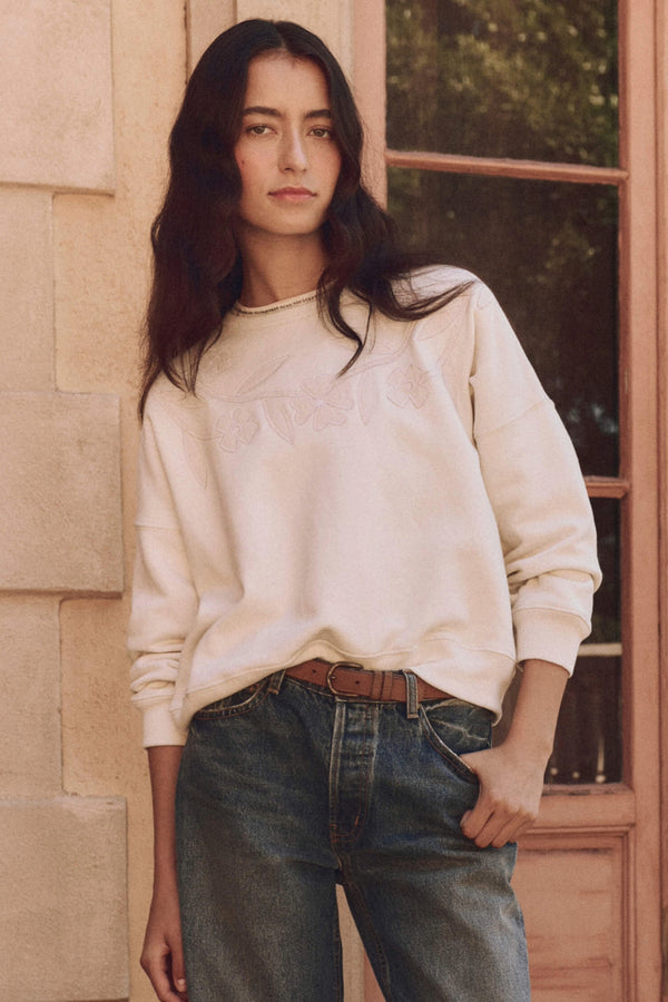 The Floral Applique Teammate Sweatshirt in Washed White