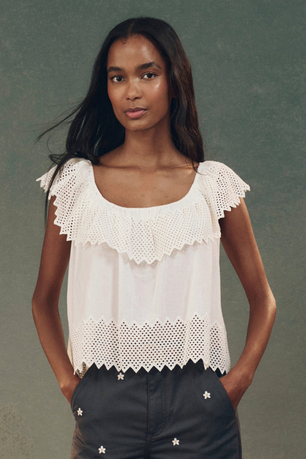 The Westport Top with Honeycomb Eyelet in White