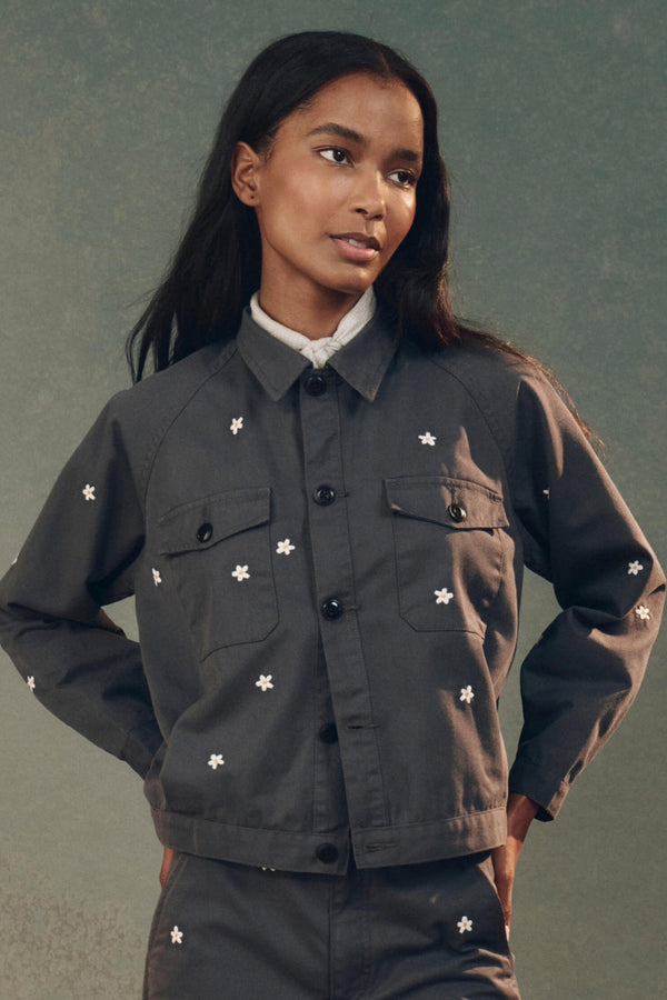 The Garage Jacket with Daisy Embroidery in Blue Slate