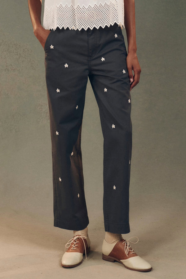 The Garage Pant with Daisy Embroidery in Blue Slate