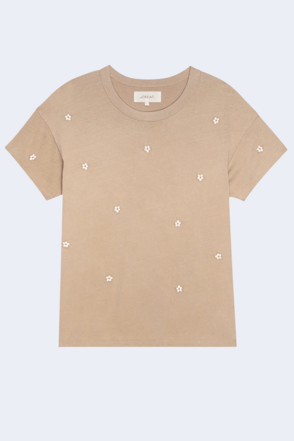 The Boxy Crew with Daisy Embroidery in Khaki