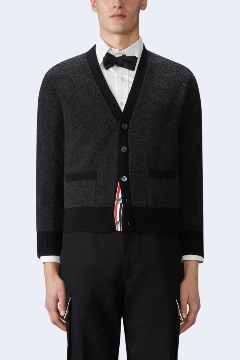 Textured Stitch V Neck Cardigan In Washed Merino Wool W/ Rwb Intarsia in Black