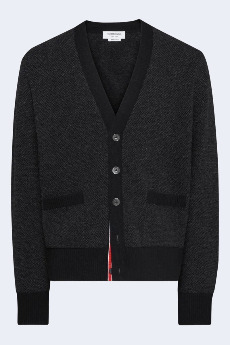 Textured Stitch V Neck Cardigan In Washed Merino Wool W/ Rwb Intarsia in Black