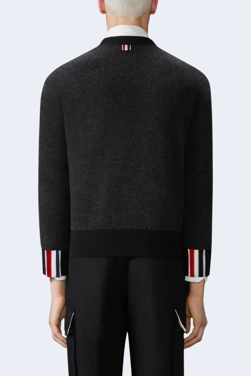 Textured Stitch V Neck Cardigan In Washed Merino Wool W/ Rwb Intarsia in Black