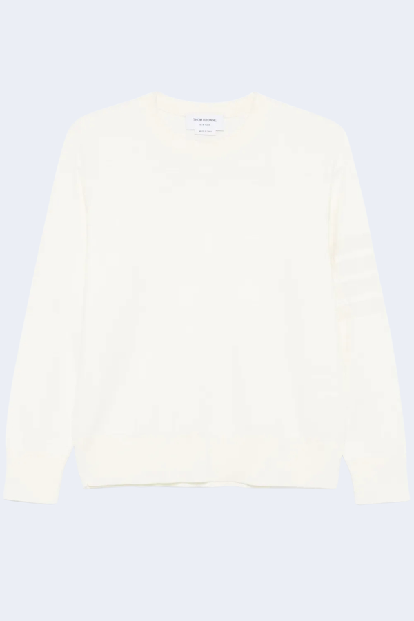 Double Face Crew Neck Pullover In Merino Wool And Linen Cotton W/Knit In 4 Bar Stripe in White