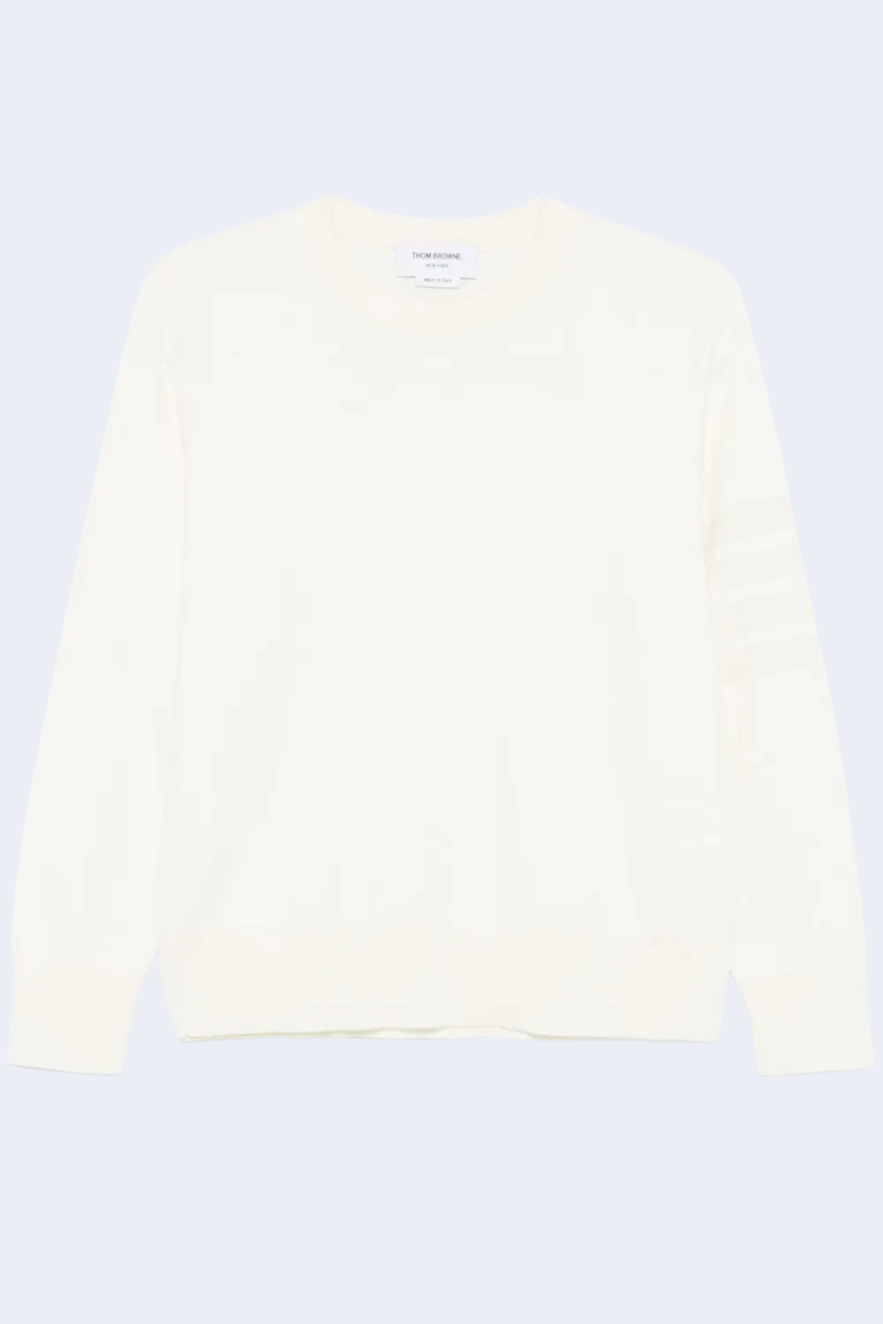 Double Face Crew Neck Pullover In Merino Wool And Linen Cotton W/Knit In 4 Bar Stripe in White