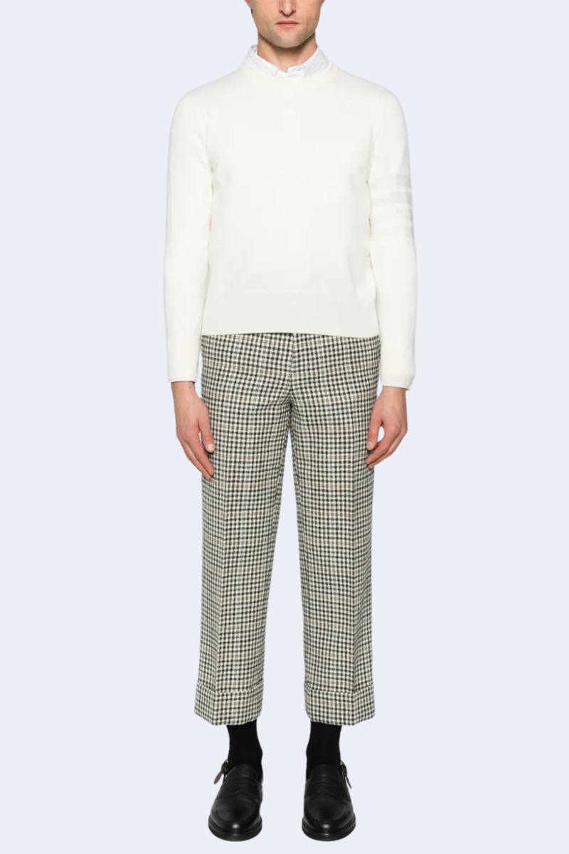 Double Face Crew Neck Pullover In Merino Wool And Linen Cotton W/Knit In 4 Bar Stripe in White