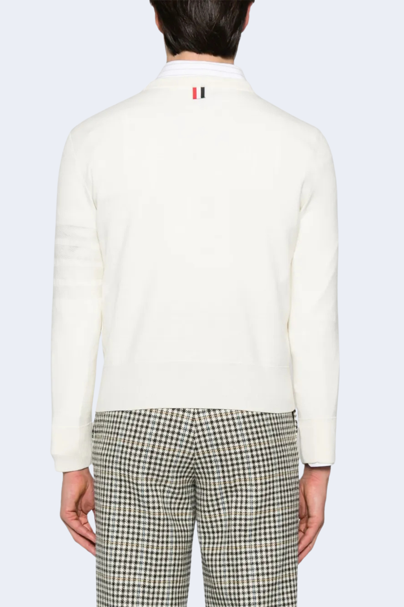 Double Face Crew Neck Pullover In Merino Wool And Linen Cotton W/Knit In 4 Bar Stripe in White