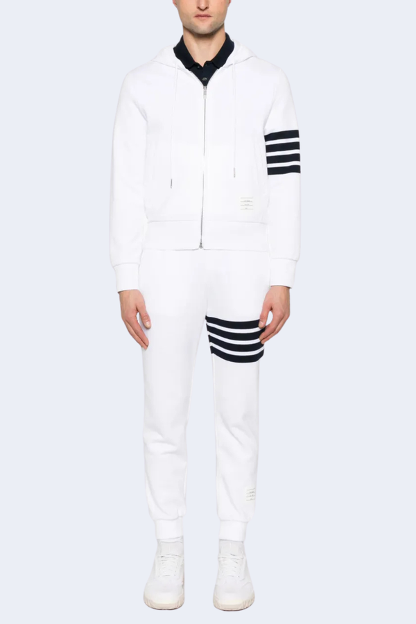 Zip Up Hoodie In Classic Loopback W/ Engineered 4 Bar in White/Navy