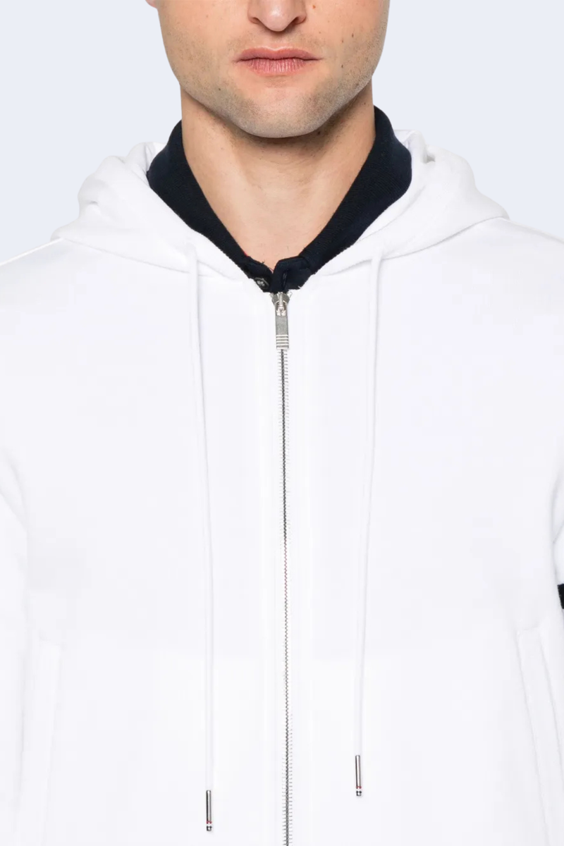Zip Up Hoodie In Classic Loopback W/ Engineered 4 Bar in White/Navy
