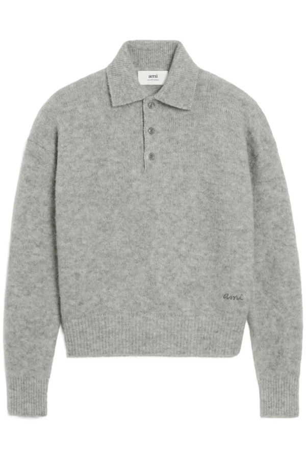 Long Sleeve Polo Alpaca Wool Knit in Gris