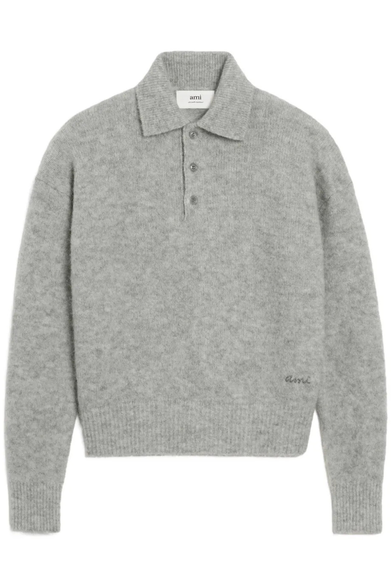 Long Sleeve Polo Alpaca Wool Knit in Gris