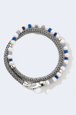 Silver Colorblock Pearl 5Mm Extra Small Chain Double Wrap Bracelet in Blue Lapis