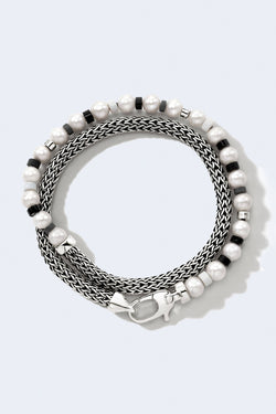 Silver Colorblock Pearl 5Mm Extra Small Chain Double Wrap Bracelet in Black Onyx