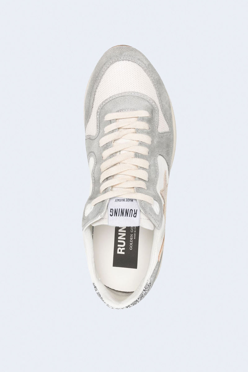 Running Sole Nappa Upper Suede Toe And Spur Net Toe Box Leather Star Glitter Heel Sneakers in Silver White Cream Smoke