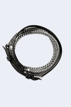 Classic Chain Silver Small Flat Chain 6.5Mm Triple Wrap Bracelet  in  Black Leather
