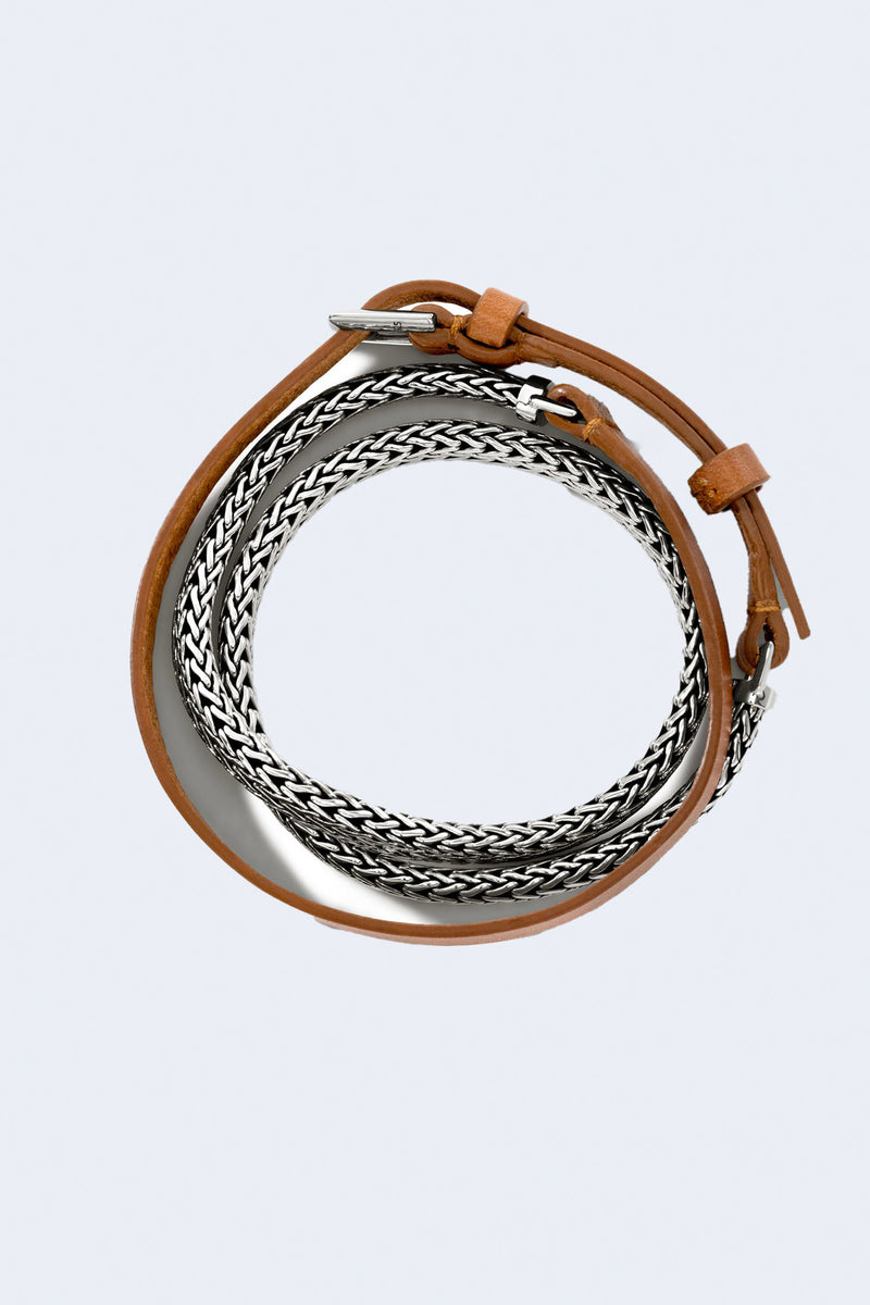 Classic Chain Silver Small Flat Chain 6.5Mm Triple Wrap Bracelet  in  Light Brown Leather