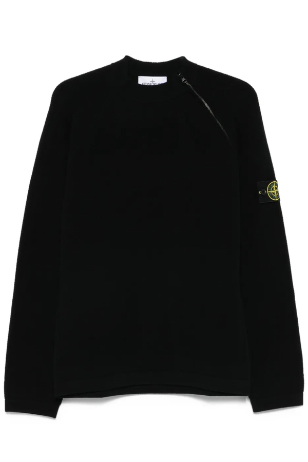 Knit Crewneck Jumper With Diagonal Zip in Black