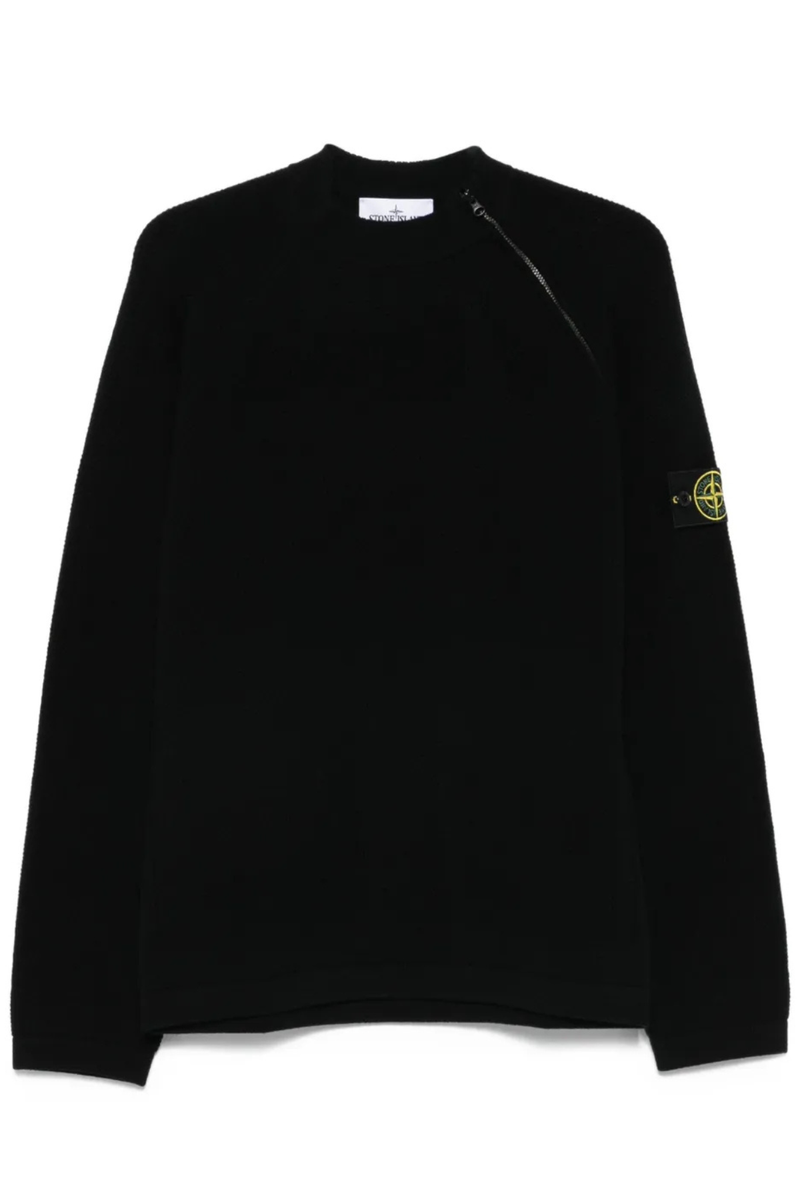 Knit Crewneck Jumper With Diagonal Zip in Black