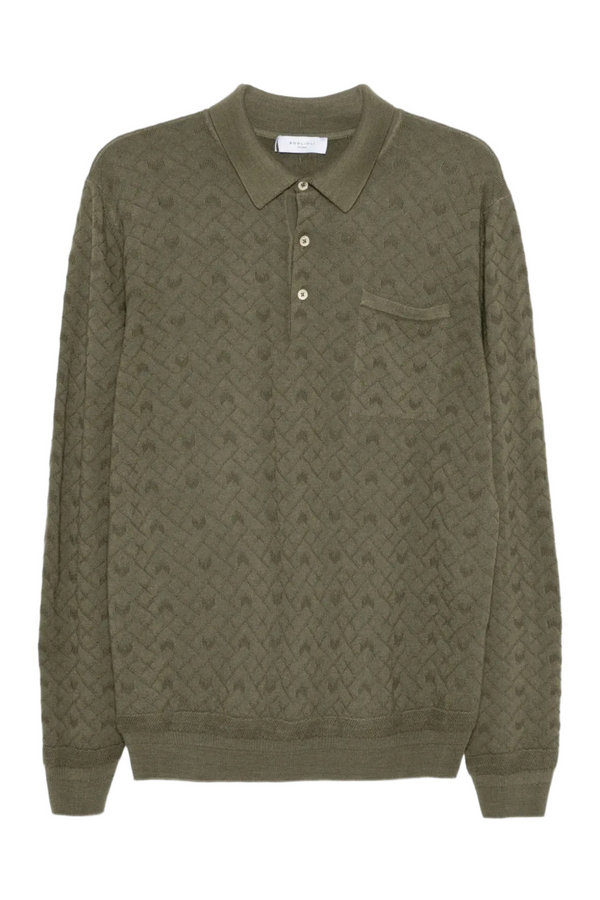 Wool Polo Long Sleeve Sweater With Pocket in Green