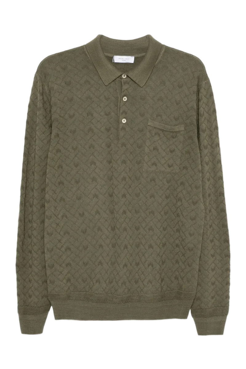 Wool Polo Long Sleeve Sweater With Pocket in Green
