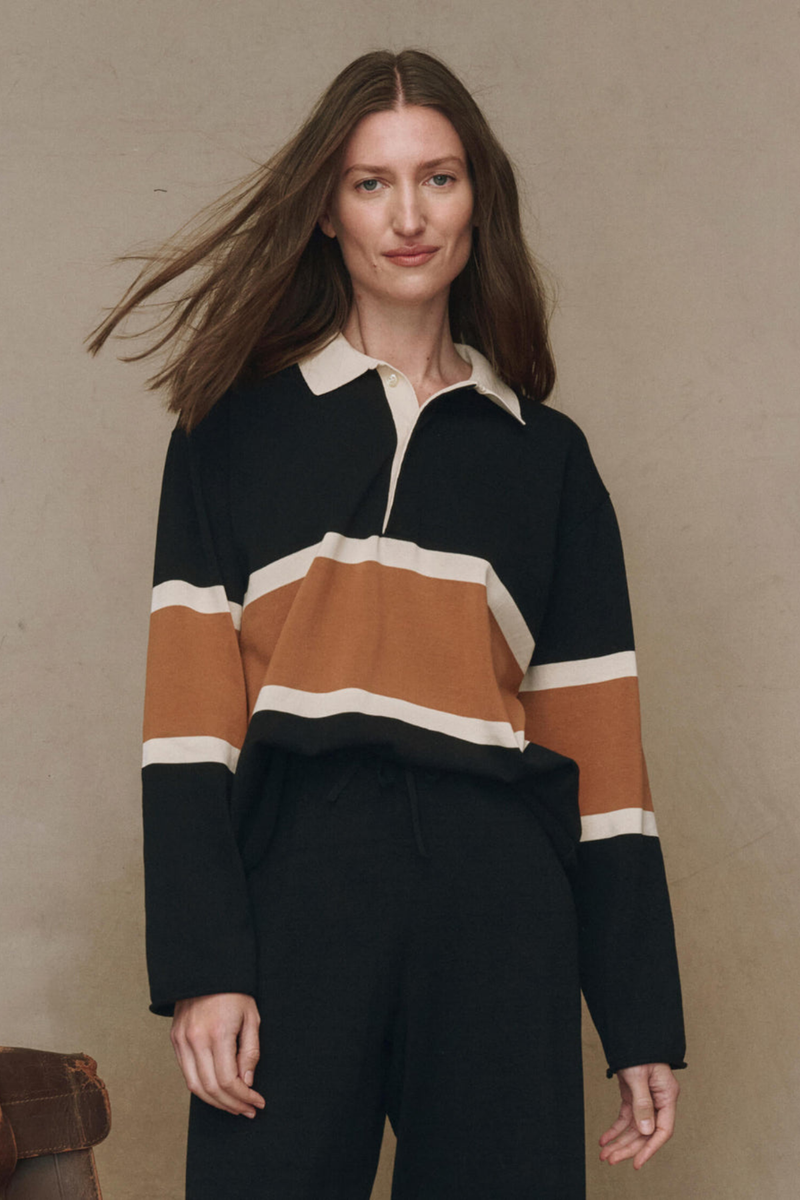 The Rugby Sweater in Black W/ Bronze Stripe