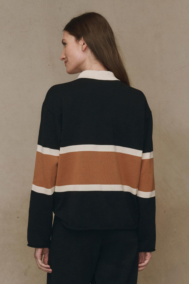 The Rugby Sweater in Black W/ Bronze Stripe