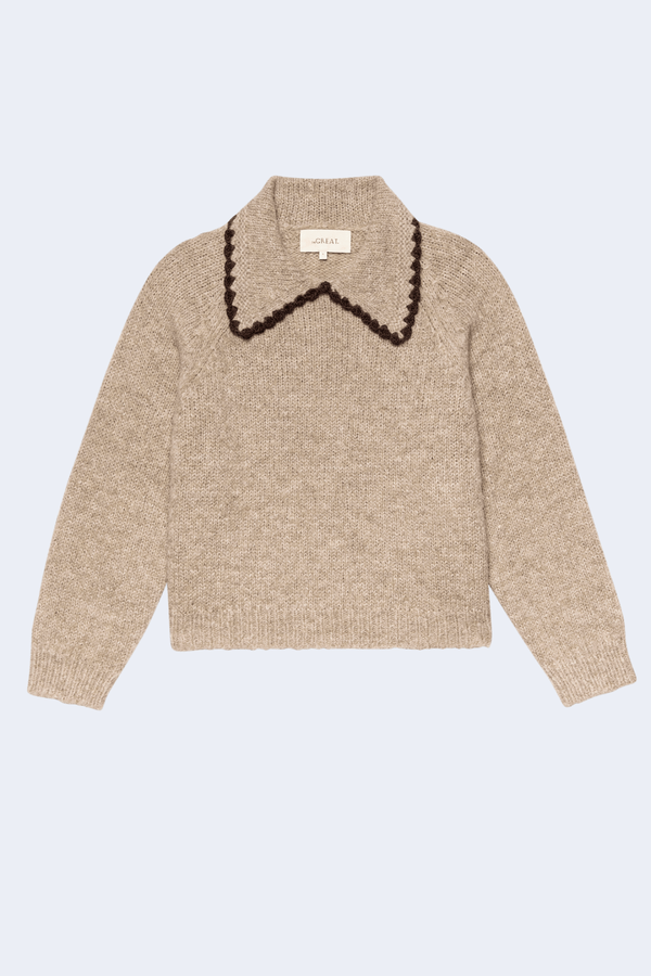 The Crochet Collar Pullover in Oat W/Brown