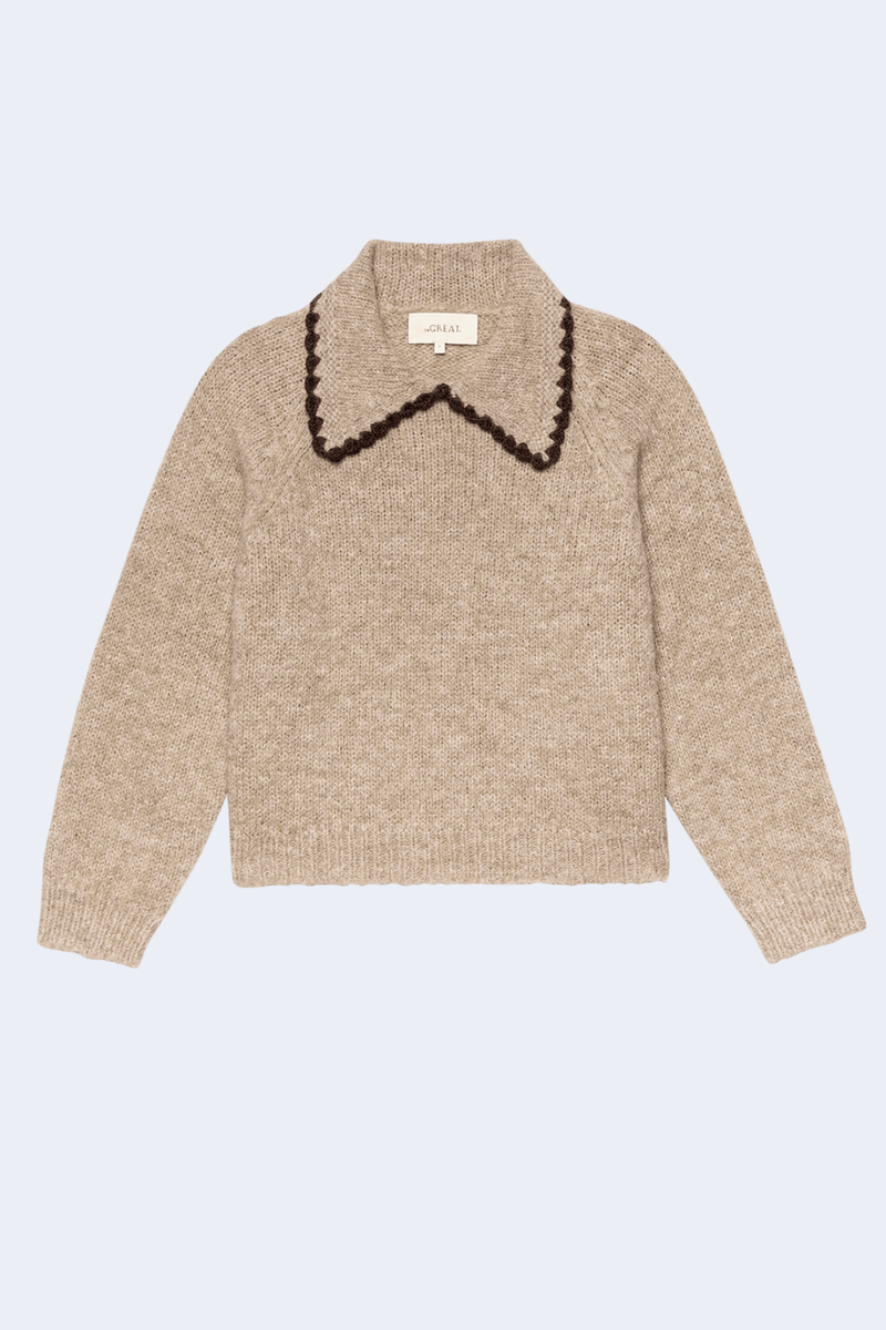 The Crochet Collar Pullover in Oat W/Brown