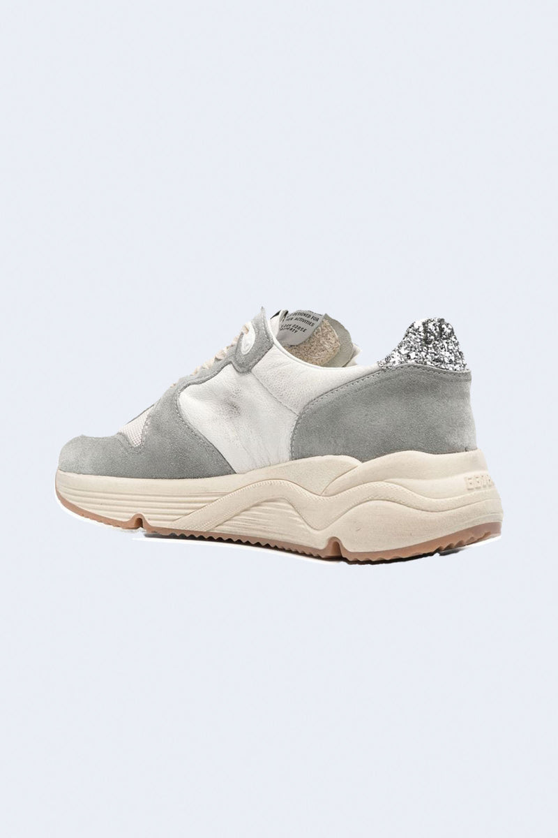 Women's Running Sole Nappa Upper Suede Toe And Spur Net Toe Box Leather Star Glitter Heel Sneakers in Silver White Cream Smoke