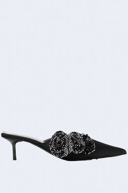 Aw23 Low Mules Satin Black Patch Crystals in Black