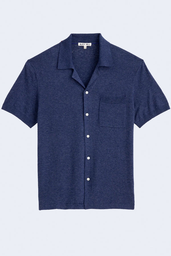 Short Sleeve Sweater Bowling Shirt in Blue Denim