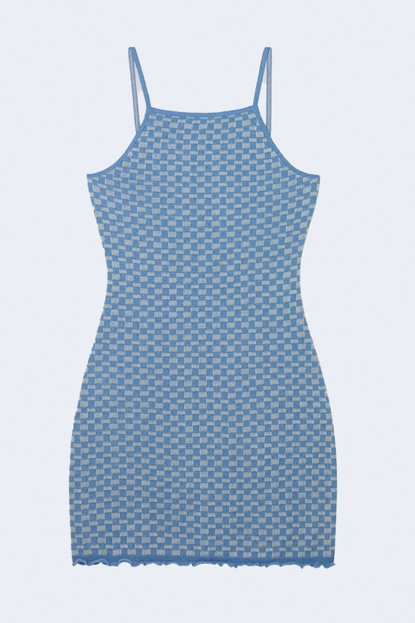 Checker Cotton Silk Tank Dress in Denim Blue/Cream