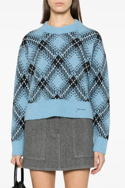 Check Wool Oversized Pullover in Silver Lake Blue