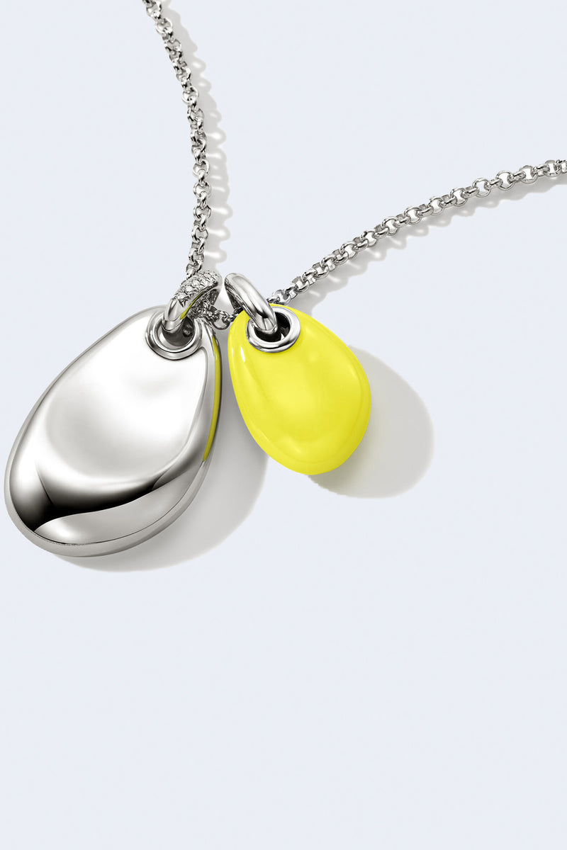 Classic Chain Silver Diamond Pave (0.02Ct) Double Pebble Pendant  in Neon Yellow